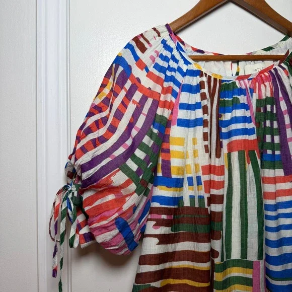 PINCH Patchwork Stripe Square Neck Puff Sleeve Tie Cuff Blouse Top M - Picture 2 of 7